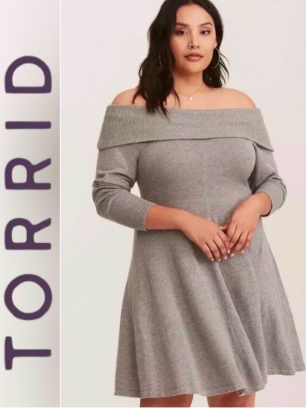 4X Torrid Fit and Flare Cotton Knit Off the Shoulder Sweater Dress, Grey